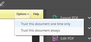 Options - Trust this document one time only 