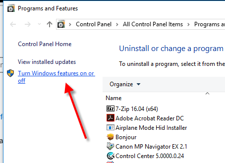 Programs and Features’ windows, select “Turn Windows Features on or off