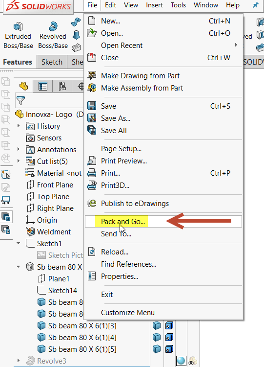 Solidworks - Select File - Pack and Go - Skip to Section - Step 2 Pack and Go