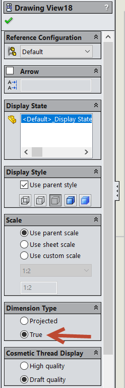 Left Mouse Button Click Drawing  View Select - Property Manager - Dimension Type Select True Type