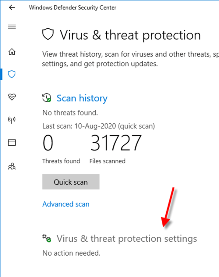 Windows Defender Security Center - Virus & Threat Protection